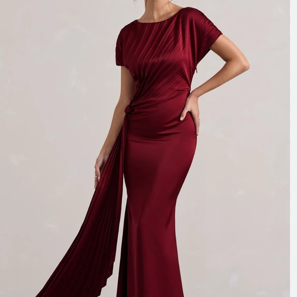 Club London Dresses & Skirts - Women's Burgundy Draped Maxi Dress with Side Knot